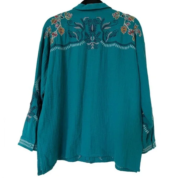 Johnny Was NWOT Merrick Embroidered Button Down Shirt Gauze Tunic Teal Green - Picture 2 of 8